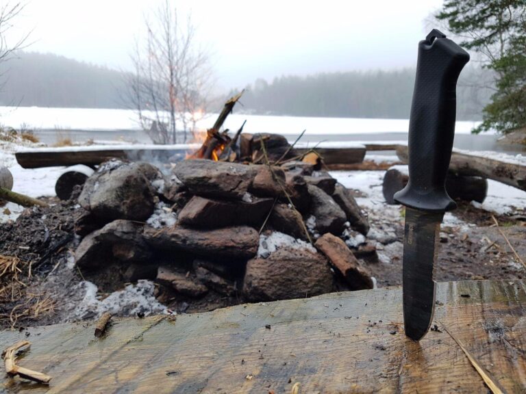 Best survival knife standing upright in log